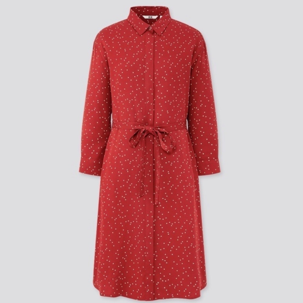 Uniqlo RED/White Polka Dots Long Sleeve Dress Buttons Down Belts attached Sz XS - Picture 2 of 16